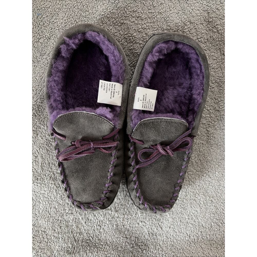 NWOT L.L. Bean Kids Moccasin Slippers 3 Gray Suede Faux Fur Lined Girls Boys